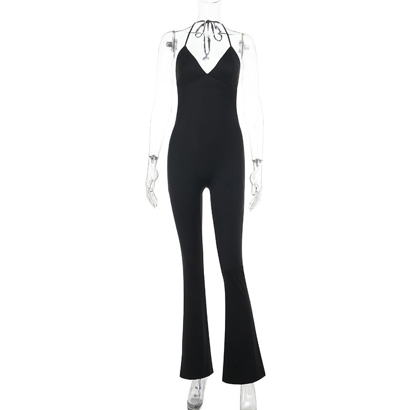 Damen eleganter Jumpsuit mit tiefem V-Ausschnitt und weit geschnittenen Beinen Drune