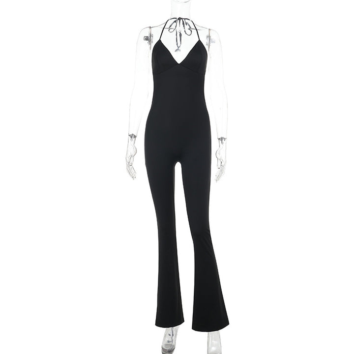 Damen eleganter Jumpsuit mit tiefem V-Ausschnitt und weit geschnittenen Beinen Drune