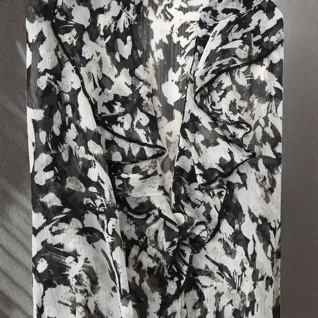 Damen nan geblümtes Volant-Chiffon-Minikleid mit Rüschen-V-Ausschnitt elastischer Taillenpartie und zartem Gürtel Drune
