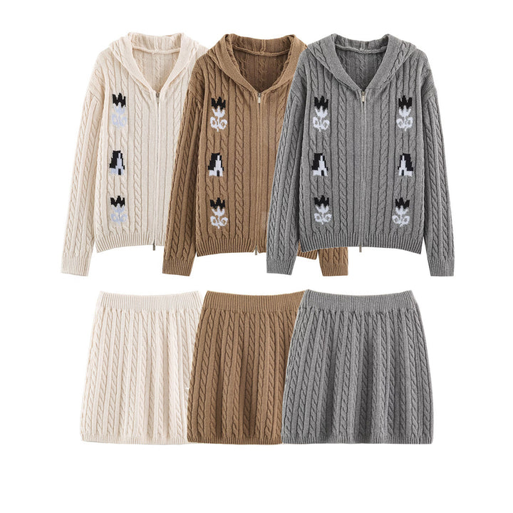 Damen Zweiteiliges Strick-Set mit Zipper-Kapuzenjacke und kurzem Zopfmuster-Rock Drune