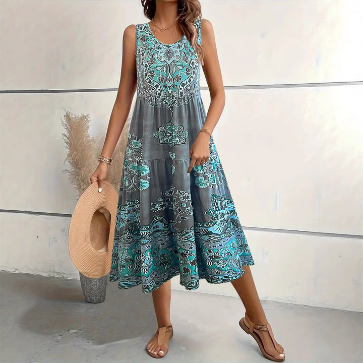 Damen Maxi-Kleid mit verspieltem Ethnomuster und schwingendem Schnitt Drune