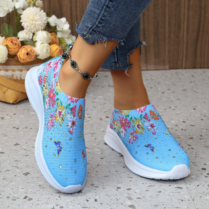 Damen Slip-On Strick-Sneaker mit elastischem Schaft, Blumenprint und Strassbesatz Drune