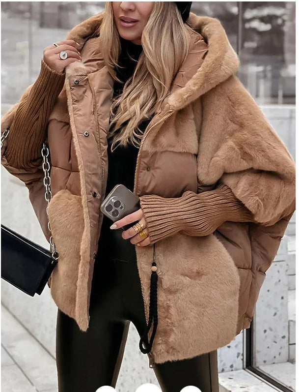 Damen nan oversized gesteppte Winterjacke mit Kunstfellpanelen, Kapuze und integrierten Rippenärmel-Details Drune
