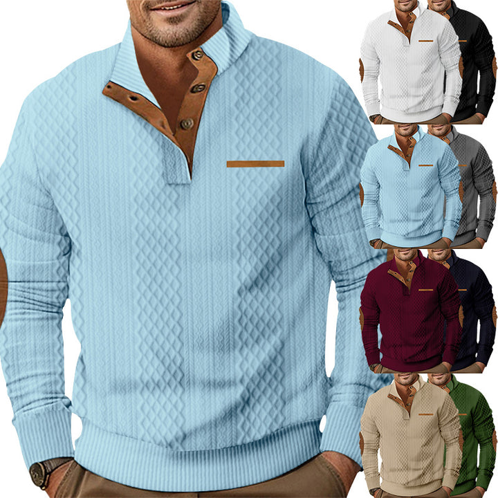 Herren nan strukturierter Strickpullover mit Stehkragen, Knopfleiste und Ellenbogenpatches Drune