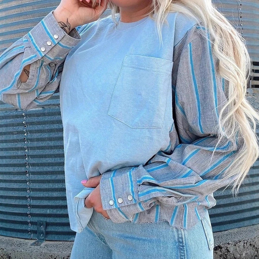 Damen nan Langarmshirt im Lagenlook mit Brusttasche und gestreiften Hemdärmeln Drune
