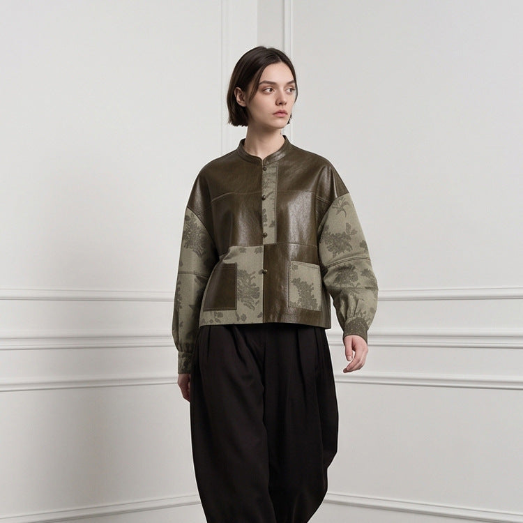 Damen Kurzjacke aus Lederoptik und Jacquard mit Stehkragen Drune