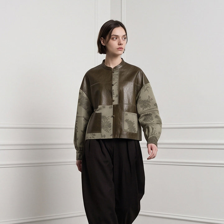 Damen Kurzjacke aus Lederoptik und Jacquard mit Stehkragen Drune