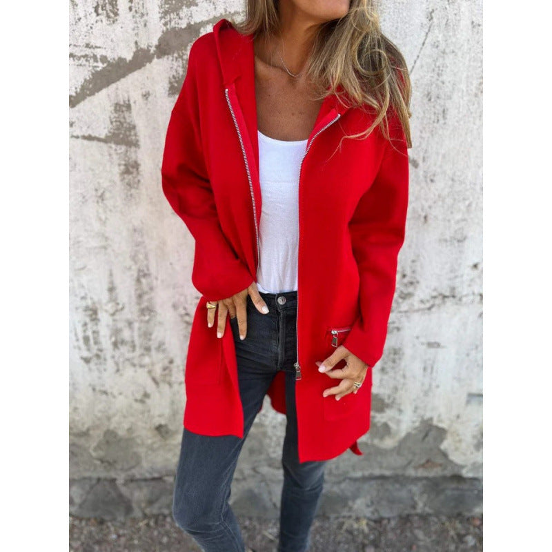 Damen Kapuzen-Longcardigan mit durchgehendem Reißverschluss und Ziertaschen Drune