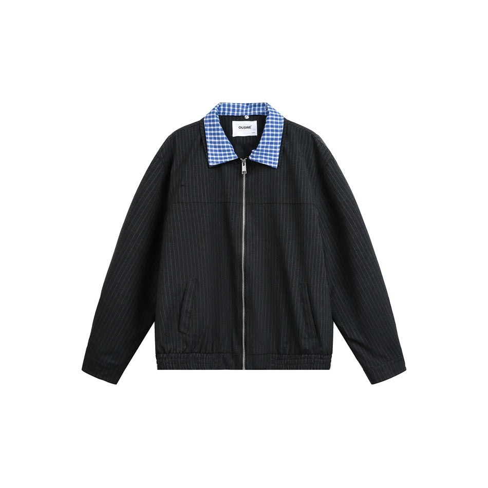 Unisex Kurz geschnittene Nadelstreifen‑Blousonjacke mit kontrastierendem Hemdkragen und durchgehendem Reißverschluss Drune