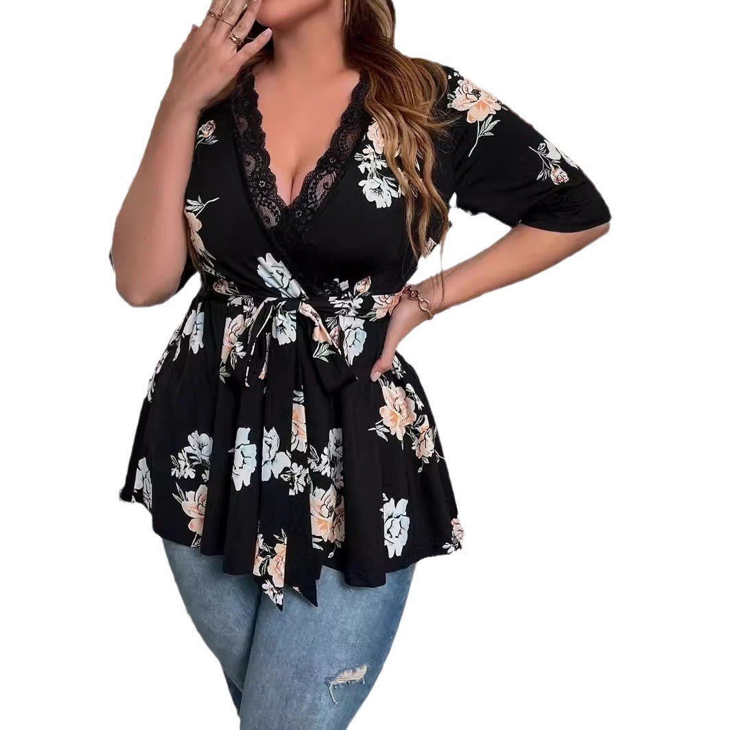 Damen Tailliertes Wickelshirt mit Spitzen‑V‑Ausschnitt und dreiviertel Ärmeln Drune