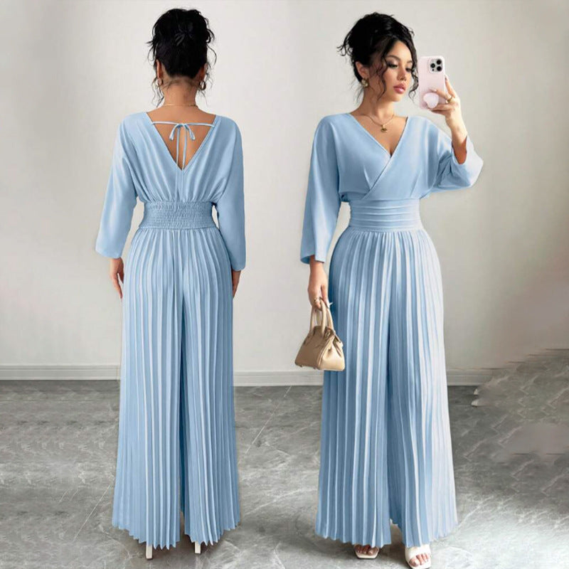Damen Eleganter Plissee-Jumpsuit mit V-Ausschnitt Drune