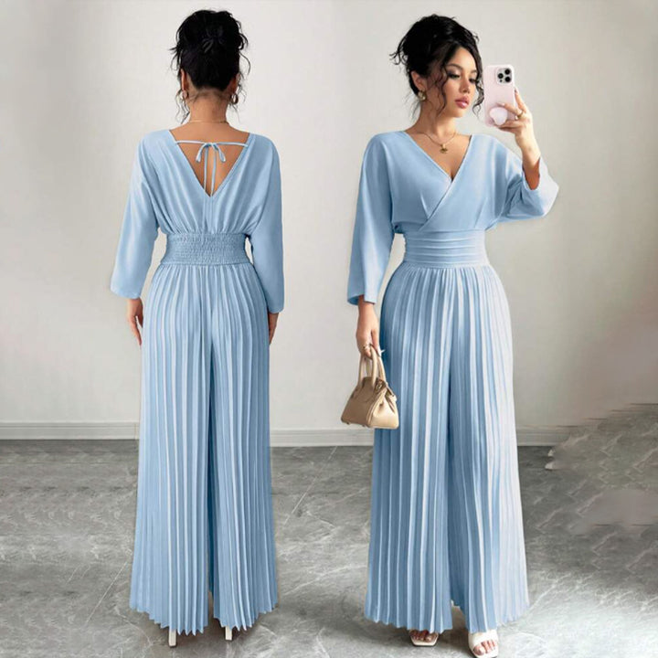 Damen Eleganter Plissee-Jumpsuit mit V-Ausschnitt Drune