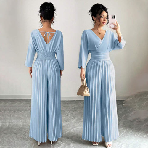 Damen Eleganter Plissee-Jumpsuit mit V-Ausschnitt Drune