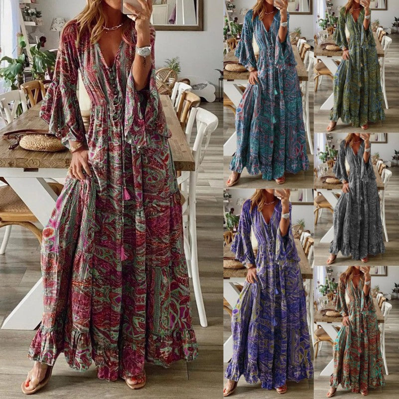 Damen Boho Maxikleid mit Paisley-Print, V-Ausschnitt, Stufenrock und Bindegürtel Drune