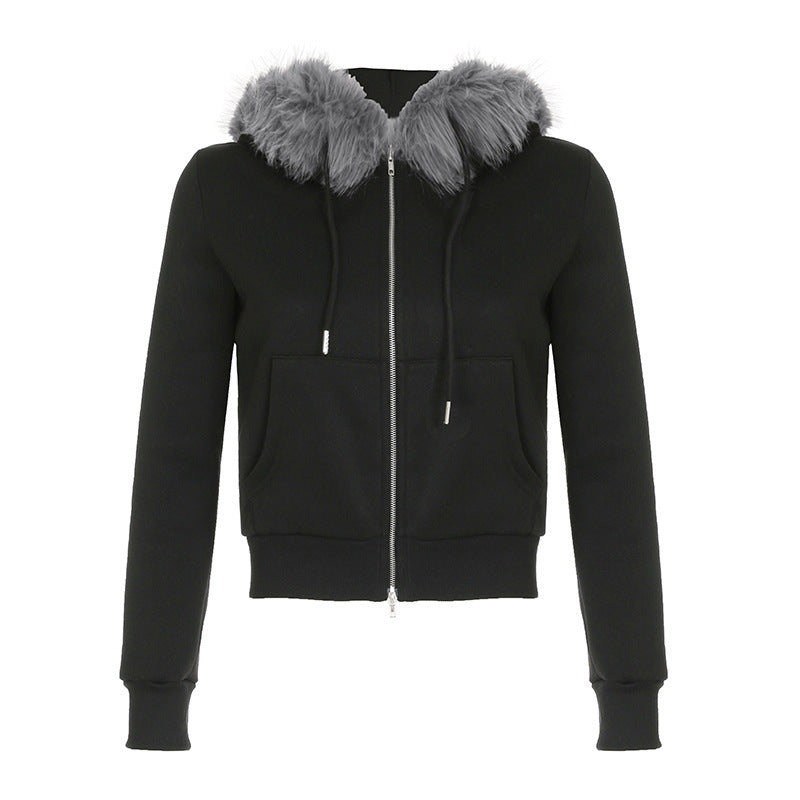 Damen Zip-Up Sport Hoodie mit Kunstfellbesatz Drune