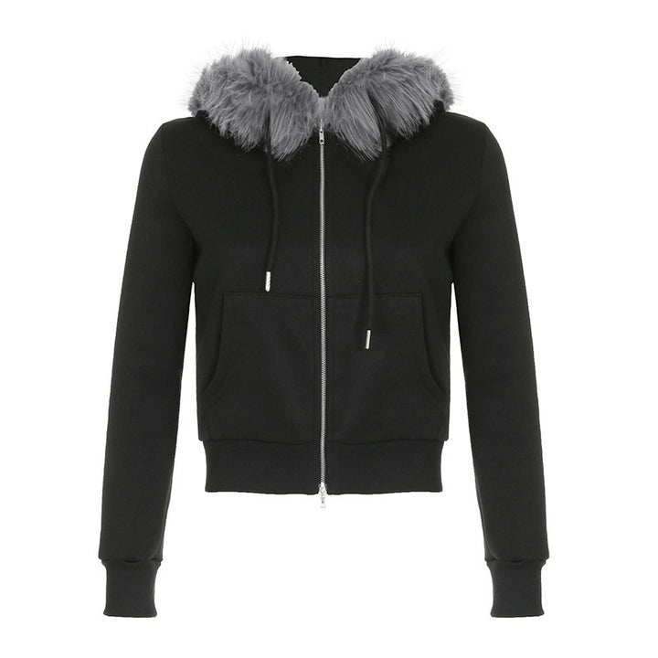 Damen Zip-Up Sport Hoodie mit Kunstfellbesatz Drune