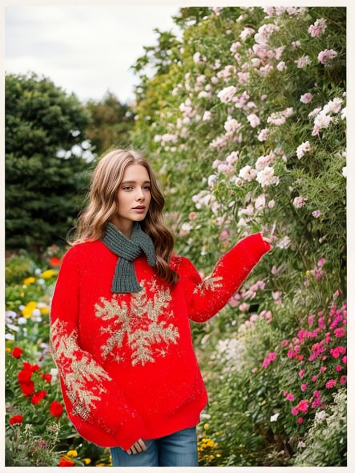 Damen Grobstrickpullover mit festlichem Schneeflockenmuster und weitem Schnitt Drune