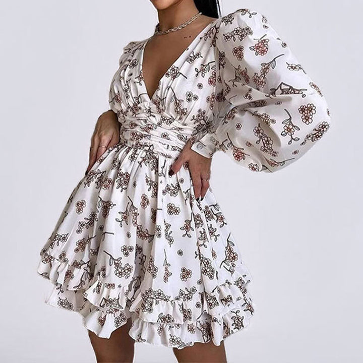 Damen Verspieltes Blumenkleid mit voluminösen Ärmeln und gerafftem Rock Drune