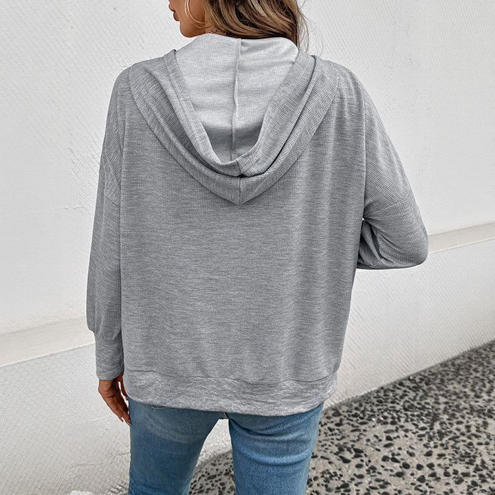 Damen lässiger Waffel-Kapuzenpullover mit Henley-Knopfleiste und Kängurutasche Drune