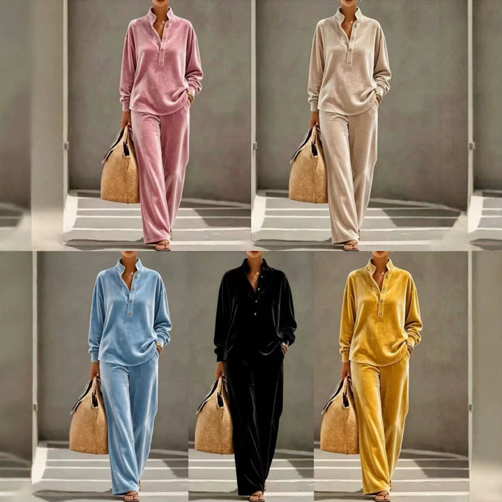 Damen Velours-Loungewear-Set mit Stehkragen-Henleytop und weiter Palazzohose Drune