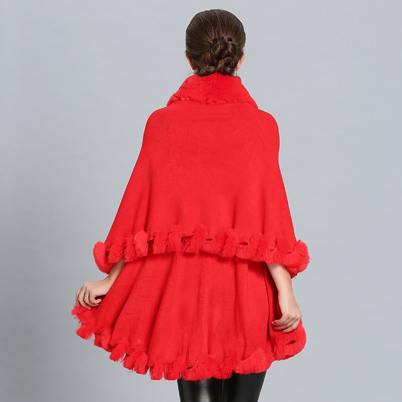 Damen Kapuzenponcho mit luxuriösem Fellkragen und eleganter Umrandung Drune