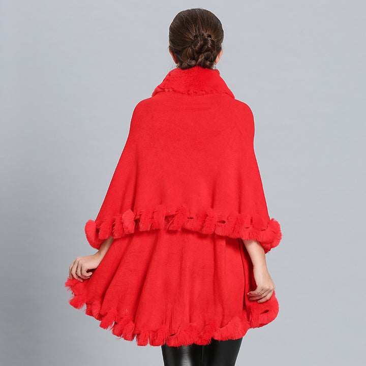 Damen Kapuzenponcho mit luxuriösem Fellkragen und eleganter Umrandung Drune