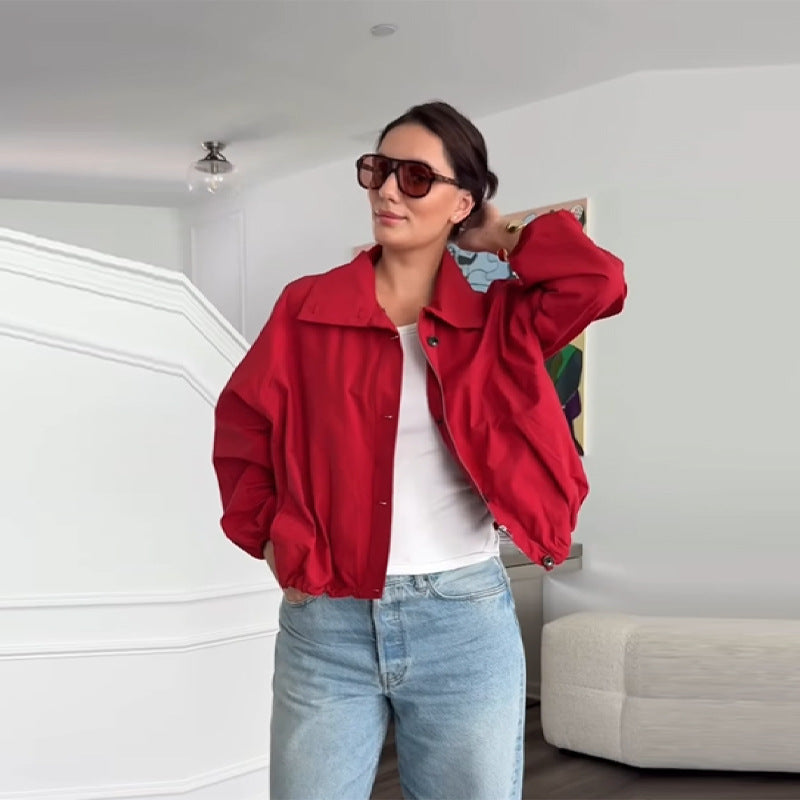 Damen Modische Kurzjacke mit hohem Kragen und elastischem Bund Drune