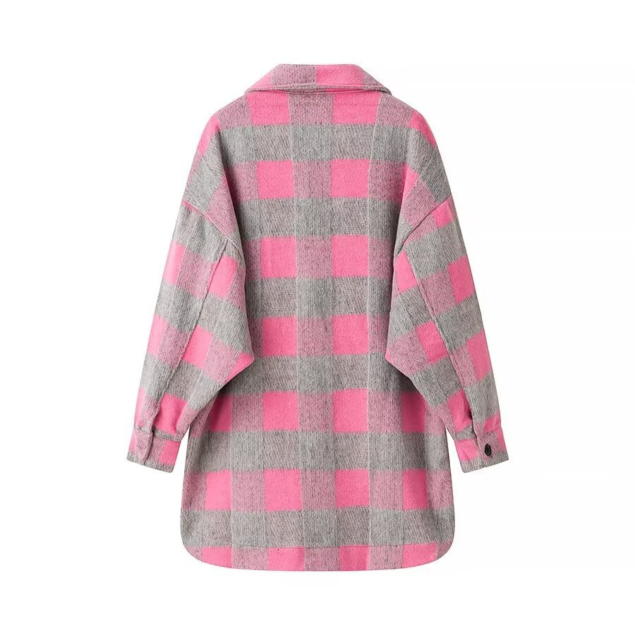 Damen nan oversized karierte Hemdjacke im Shacket-Stil mit aufgesetzten Pattentaschen und verlängertem Rundsaum Drune