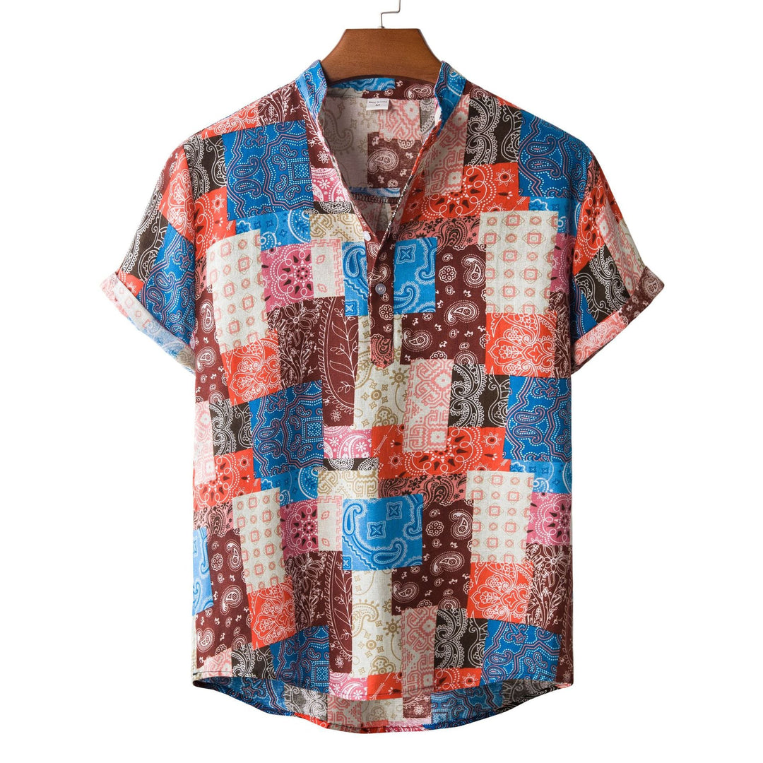 Herren Kurzarmhemd im bunten Patchwork-Design mit Henley-Ausschnitt Drune