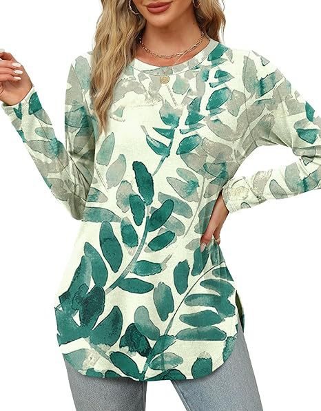 Damen Lässiges Longsleeve-Tunikaoberteil mit Rundhalsausschnitt, Seitenschlitzen und Aquarell-Blattprint Drune
