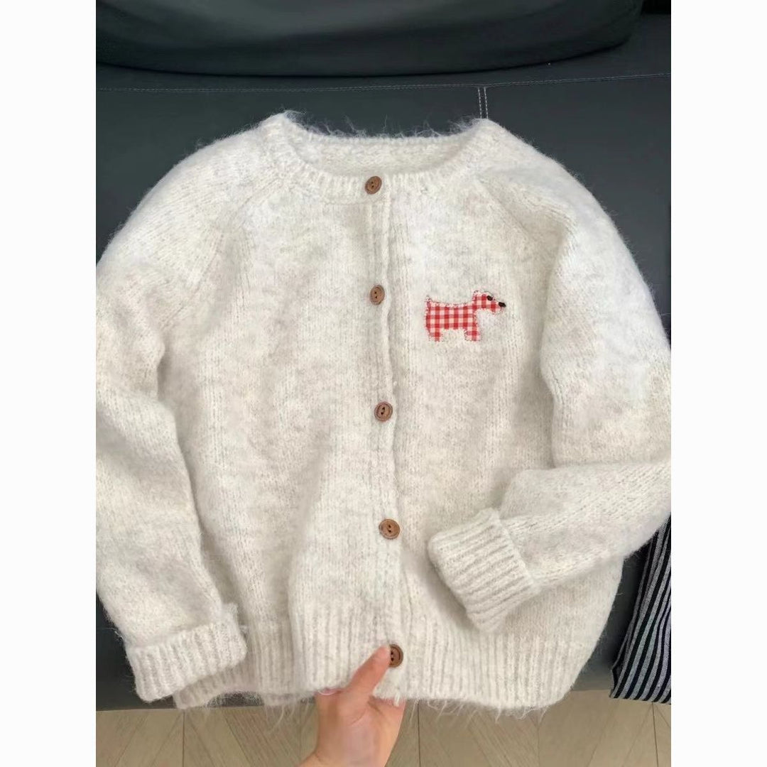 Damen Gemütlicher Strickcardigan mit dekorativem Hunde-Motiv Drune