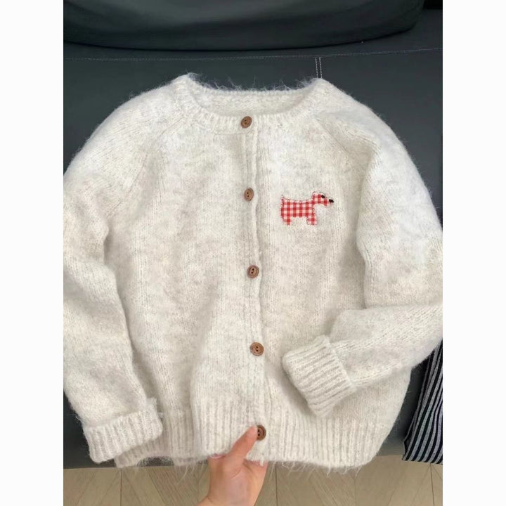 Damen Gemütlicher Strickcardigan mit dekorativem Hunde-Motiv Drune