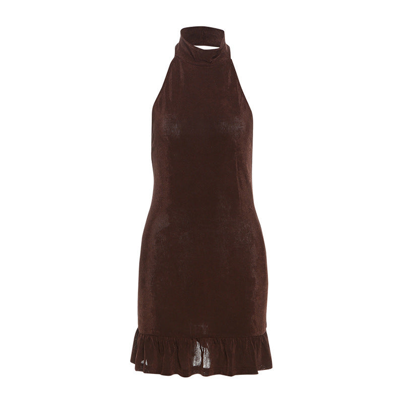 Damen Kleid mit hohem Kragen und Rüschenabschluss Drune
