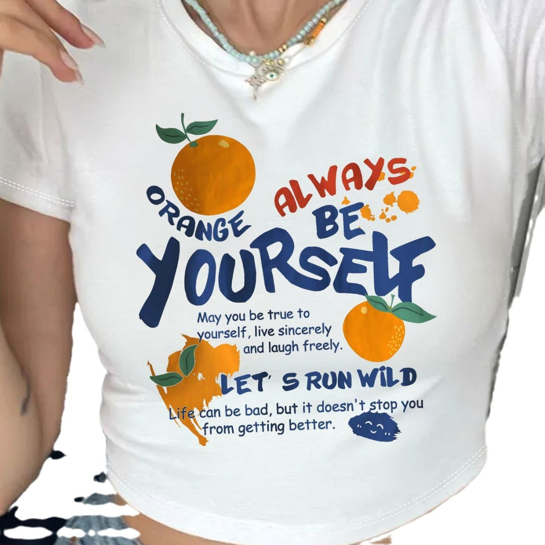 Damen Crop-T-Shirt mit inspirierendem Schriftzug und fröhlichem Obstmotiv Drune
