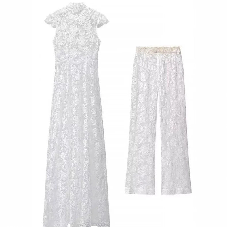 Damen Zweiteiliges Spitzenset mit Stehkragen‑Maxikleid und weiter Spitzenhose Drune