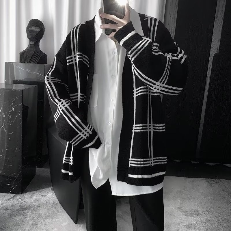 Herren Oversized Strickcardigan mit Karomuster und offener Front Drune