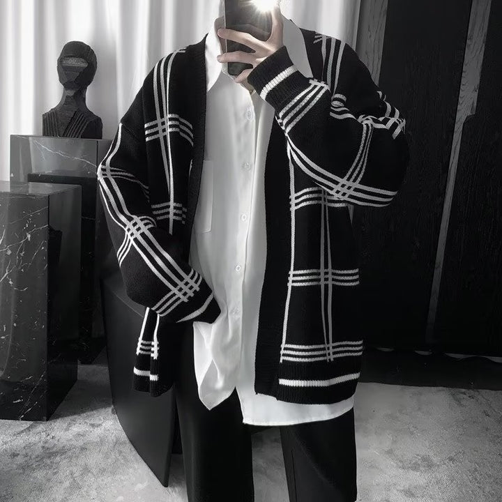 Herren Oversized Strickcardigan mit Karomuster und offener Front Drune