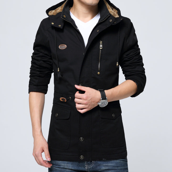 Herren leichter Utility-Parka mit Kapuze, Teddyfutter im Kragen und vertikaler Reißverschlusstasche Drune