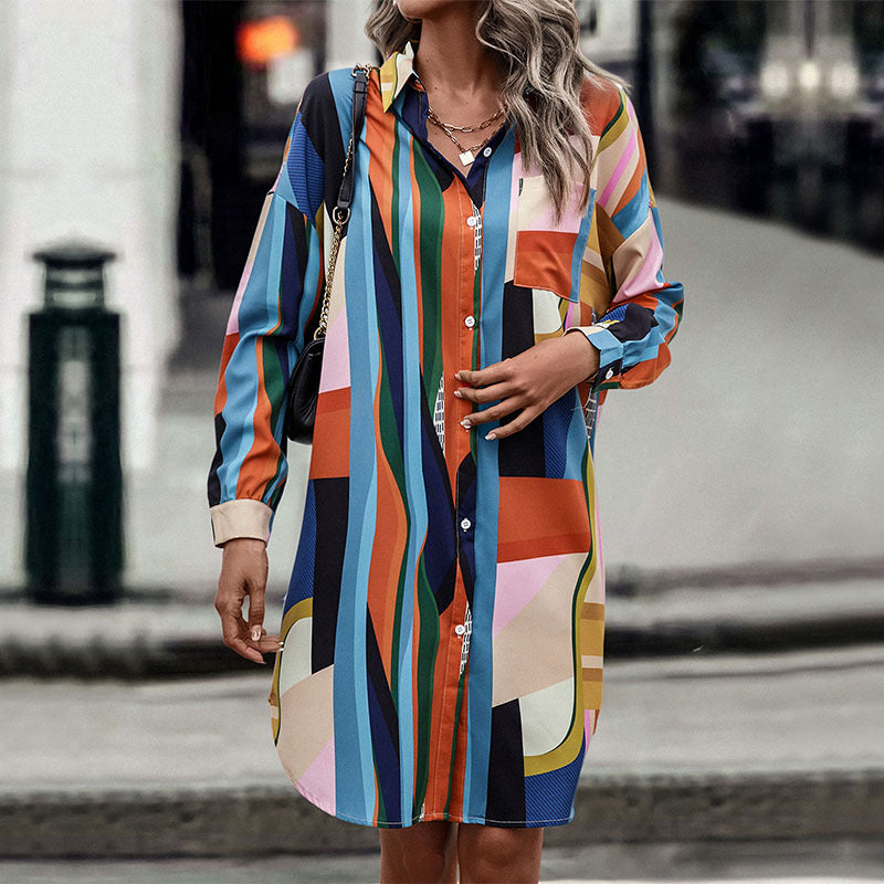 Damen Hemdblusenkleid mit buntem geometrischen Muster Drune