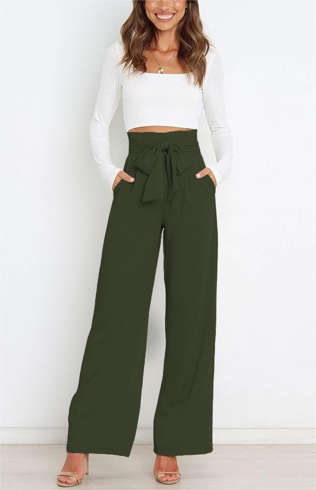 Damen Weite High-Waist Paperbag-Hose mit Bundfalten und Bindegürtel Drune