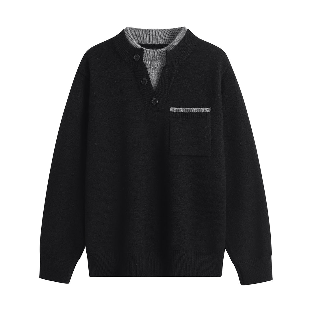 Herren Feinstrick-Henley-Pullover mit Knopfleiste, Brusttasche & Kontrastkragen Drune