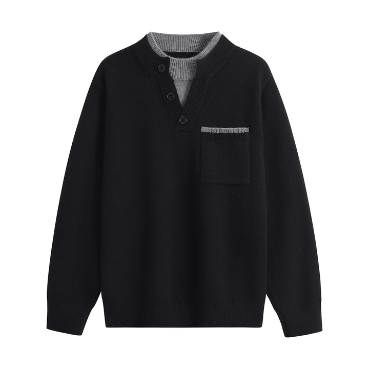 Herren Feinstrick-Henley-Pullover mit Knopfleiste, Brusttasche & Kontrastkragen Drune