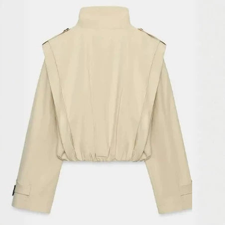 Damen Cropped Trenchjacke mit doppelreihiger Knopfleiste, hohem Stehkragen und taillierendem Elastbund Drune
