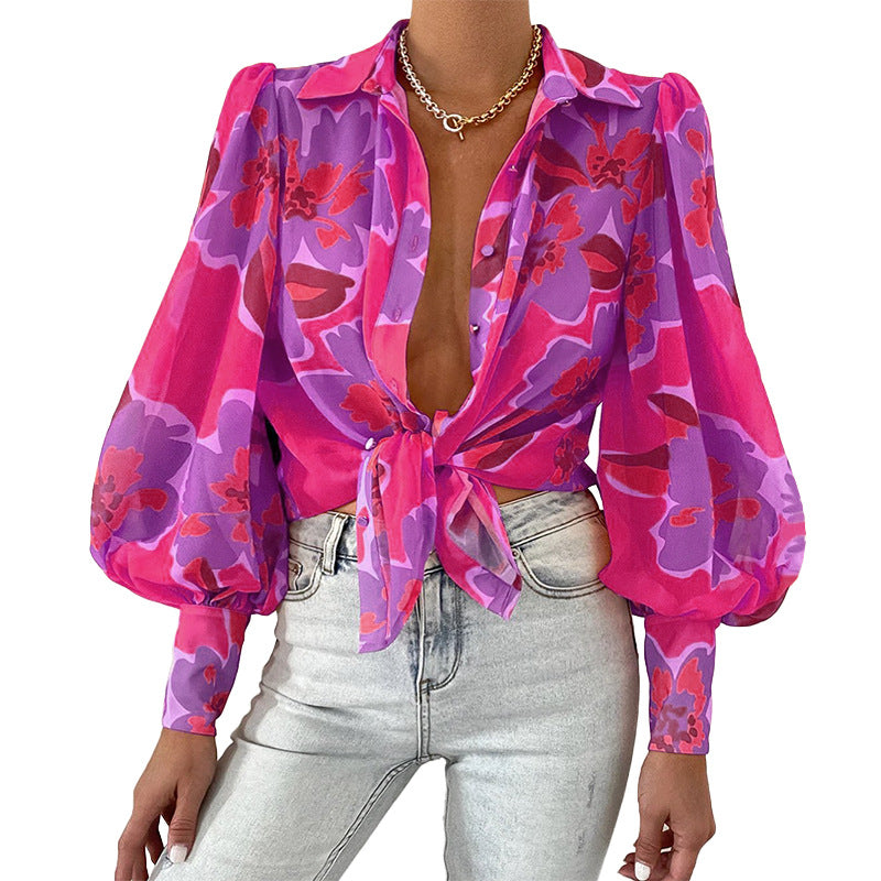 Damen Bluse mit raffiniertem Krawattenverschluss und Puffärmeln Drune