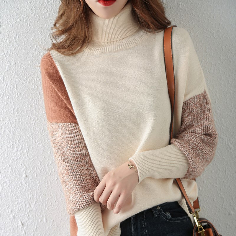Damen modischer Rollkragenpullover mit grafischen Farbblockstrukturen Drune