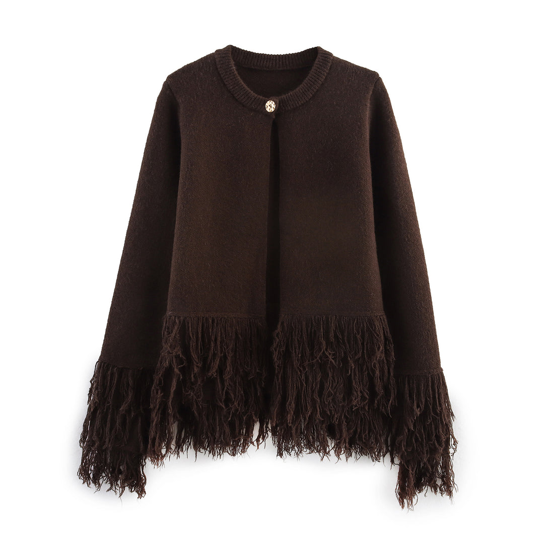 Damen nan Fransenponcho mit Rundhalsausschnitt und dekorativem Knopfverschluss Drune