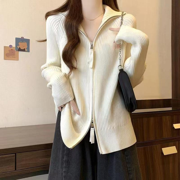 Damen modische Strickjacke mit durchgehendem Reißverschluss Drune