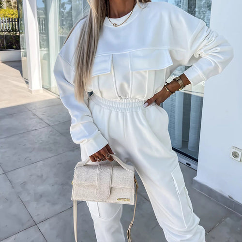 Damen Cargo-Loungewear-Set aus weicher Baumwollmischung mit hoher Taille und aufgesetzten Cargo-Taschen Drune
