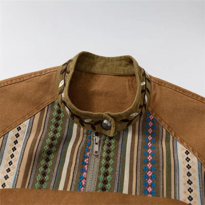 Damen Kurzer Canvas-Blouson mit gewebter Ethno‑Streifenfront und Pattentaschen Drune