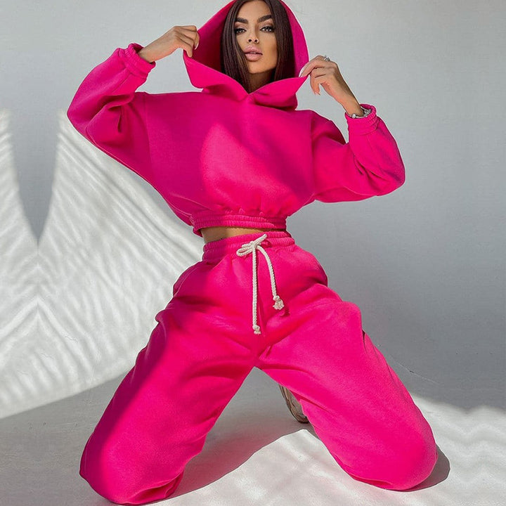 Damen cropped Stehkragen-Sweatset mit elastischem Taillenbund und hochtaillierter Tapered-Jogginghose Drune
